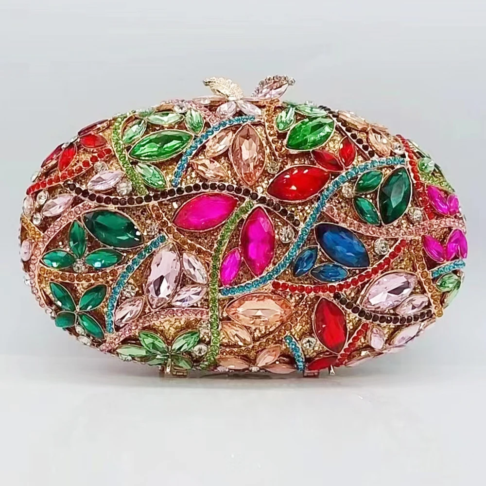 WHTUOHENG Luxury Big Rhinestone Evening Clutch Oval Shape Green/Fuchsia Diamond Crystal Party Handbag for Dinner Wedding