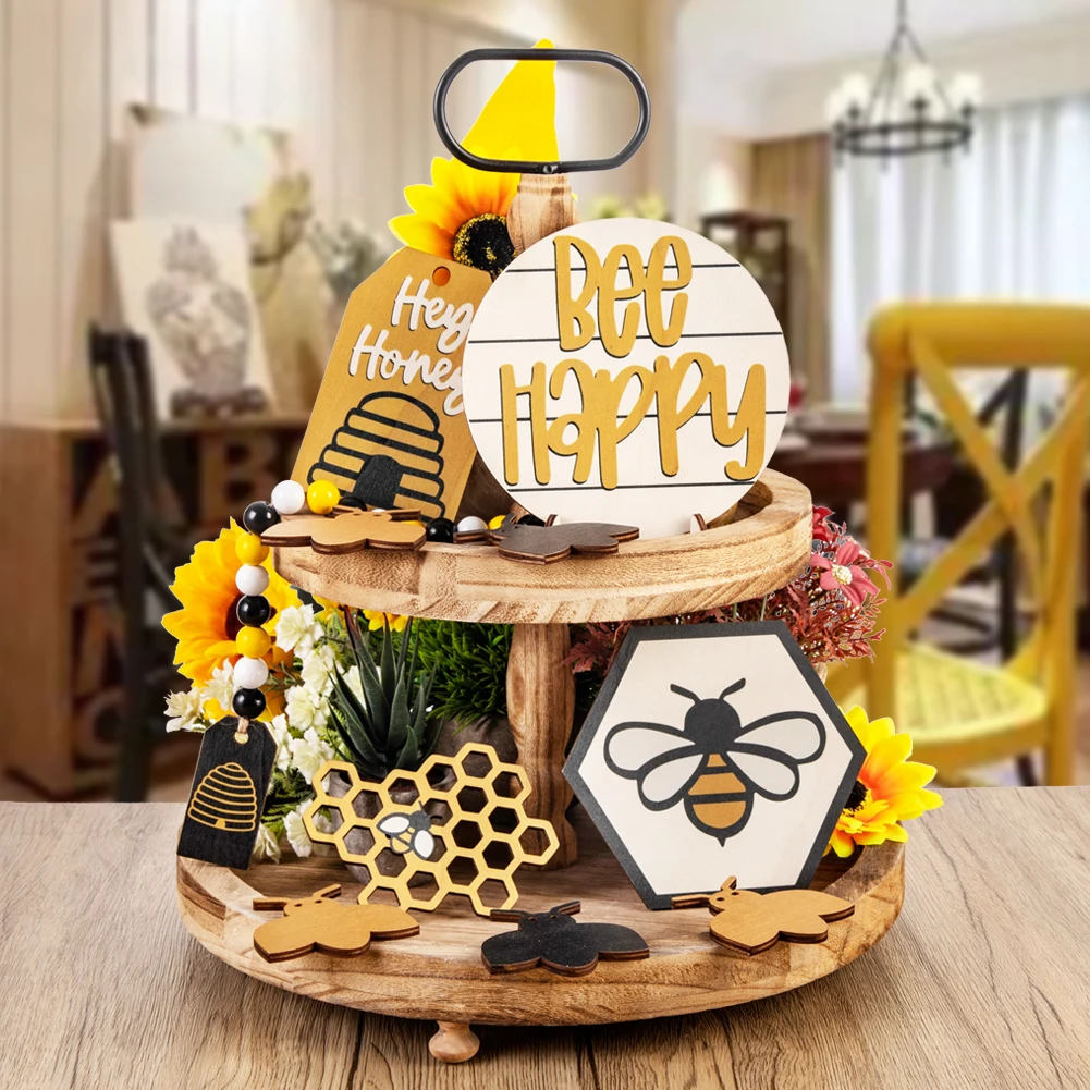 Creative Garden Pastoral Bee Style Cute Layered Tray Decorations Desktop Wooden Ornaments 1 Set