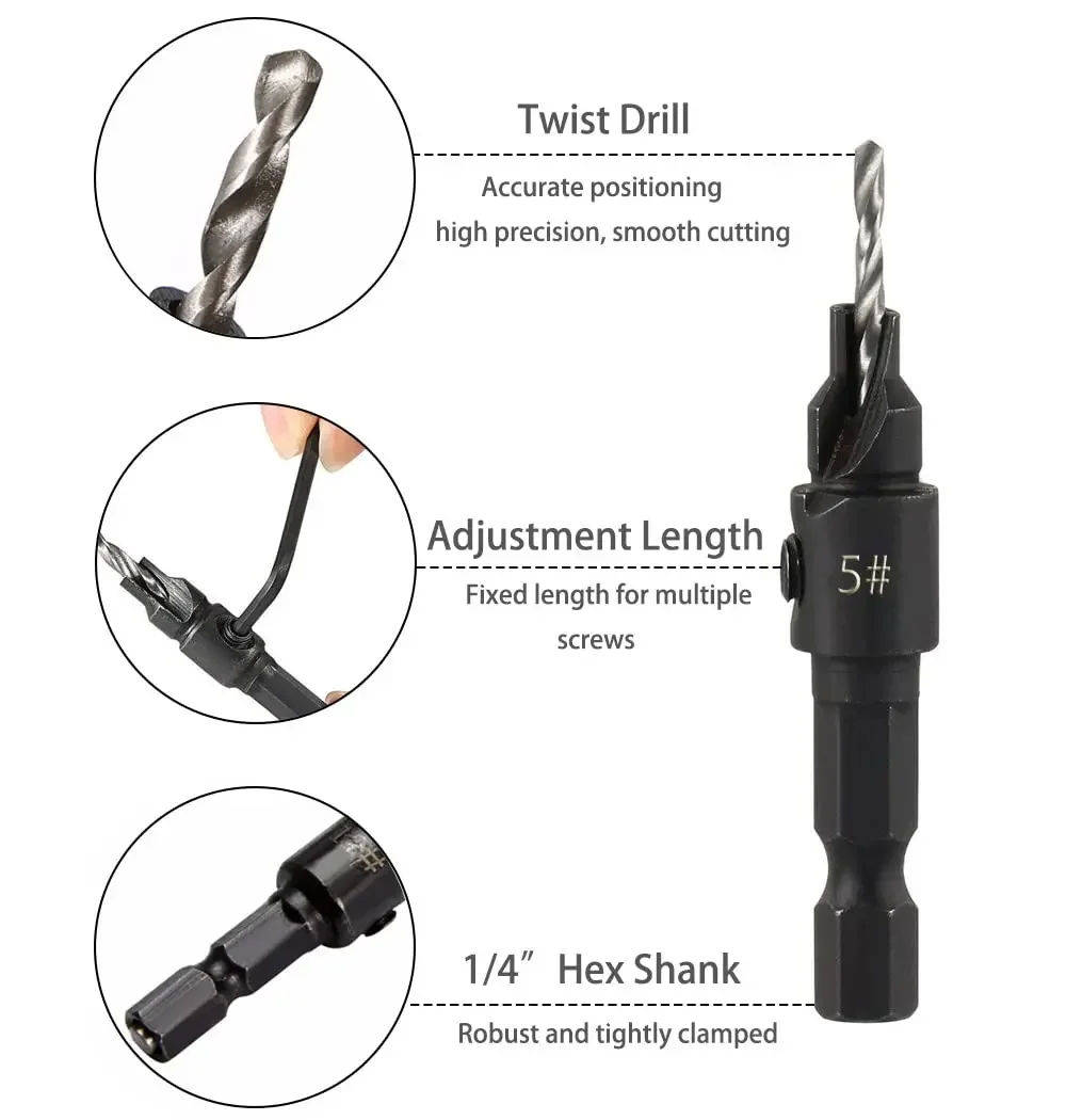 Wood Countersink Drill Bit Set Hex Shank Quick Change Counter Sinker Pre Hole Drill Bit Set Screw Counterbore Bit Pilot Bit Set