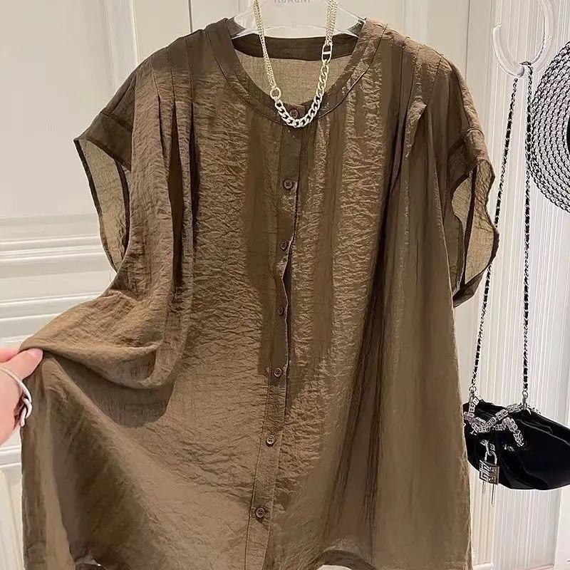 Lazy Style Simplicity Loose Shirt Tops Summer Button Thin Solid All-match Elegant Blouse Vintage Casual Fashion Women Clothing