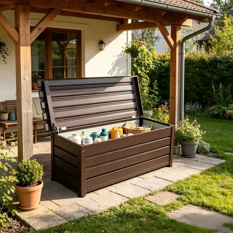 Durable Metal Rectangular Garden Storage Box Waterproof Lockable Outdoor Tool Organizer Eco Friendly Multi Functional