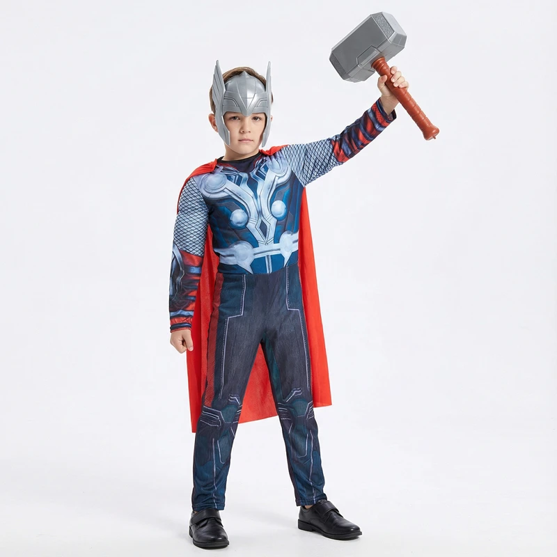 Disfraz de Capa de Superhéroe Thor para Niños con Máscara y Mono para Halloween, Cosplay, Fiestas, Niños y Niñas, Disfraz con Martillo de Plástico