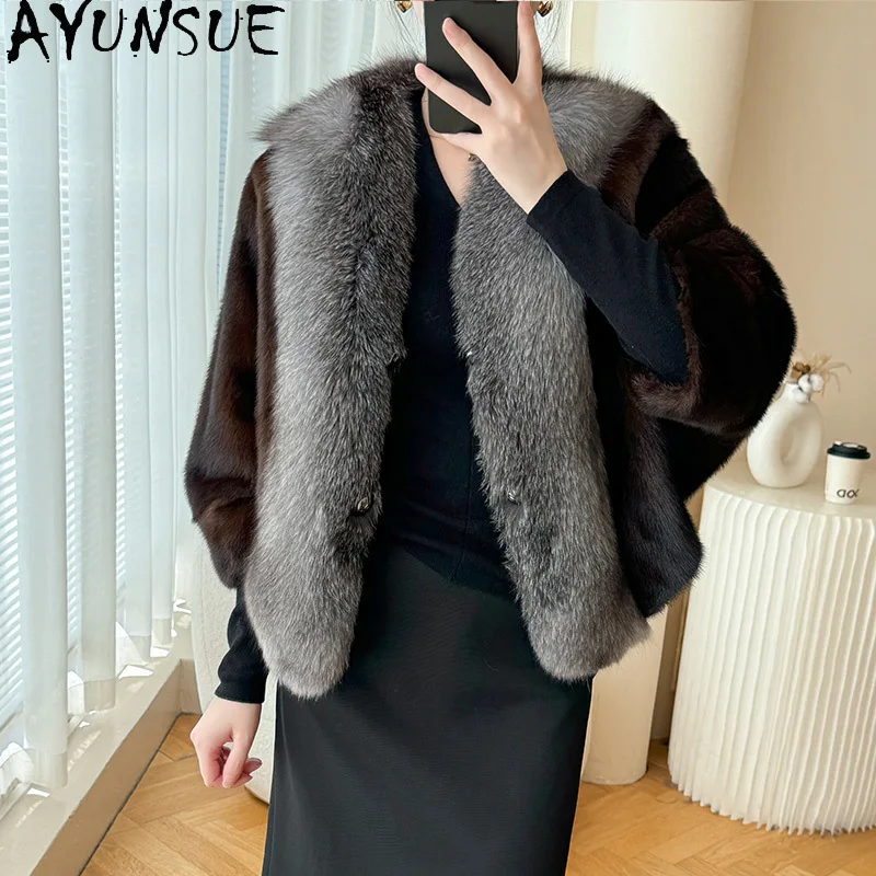 AYUNSUE Naturalna Kurtka z Futra Norki Damska Kołnierz z Futra Lisa Prawdziwe Futro Kurtki dla Kobiet Odzież Wysokiej Jakości Cała Norka Шуба Женская