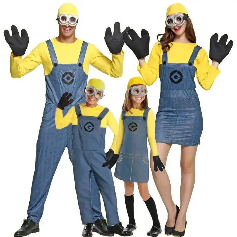 

Family Little Men Cosplay Costume Set Adult Yellow Shirt Blue Overalls Halloween Carnival Party Role Play Outfit