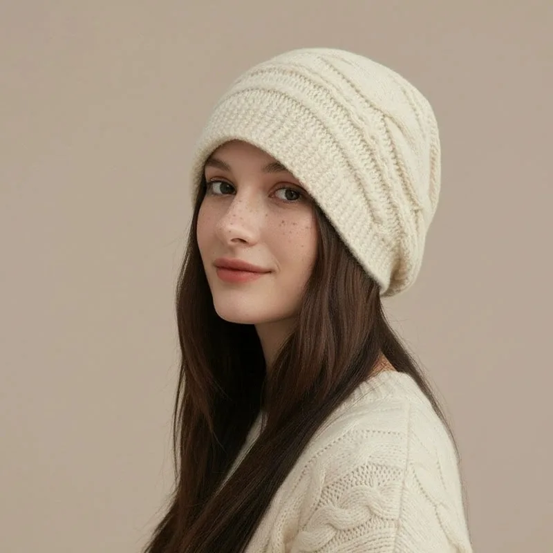 Adult Cashmere Crocheted Hat Autumn Winter Women's Wool Knitted Warm Hat Girls Beige Black Ear-protection Knitted Hat Bonnet