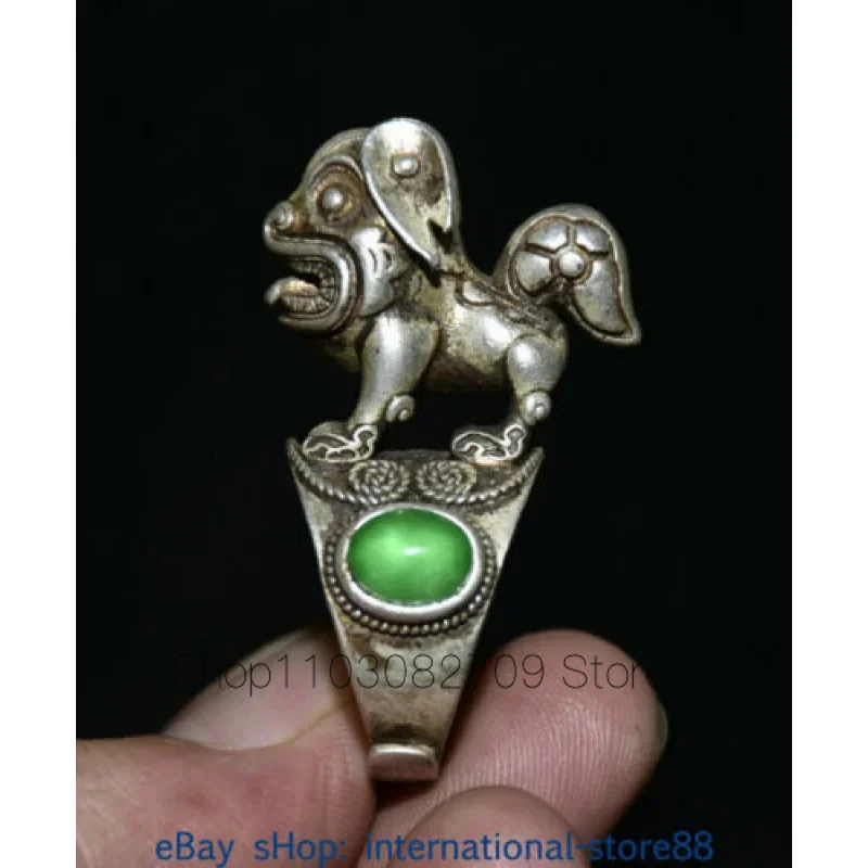 

1.8 Inch Vintage Chinese Silver Inlaid Emerald Gem Dynasty Foo Dog Lion Ring