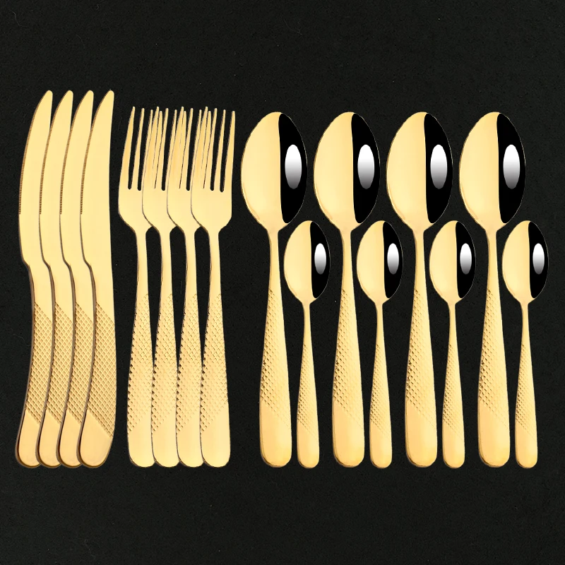 

High Quality Tableware 16Pcs Gold Flatware Cutlery Set Luxury Dinner Sharp Knife Fork Spoon Dinnerware Kitchen Silverware Set