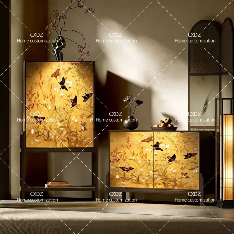 Song Style Aesthetics Butterfly Dance Golden Branch Solid Wood High Low Combined Cabinet Entrance Partition Locker Study