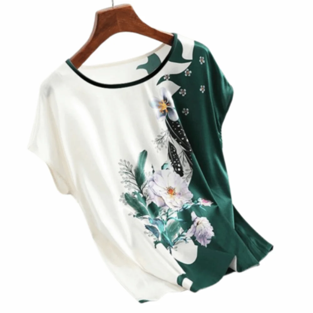 

Stylish Vintage Floral Print Blouse Round Neck Loose Women's Silk Satin Blouse Lightweight Comfortable Plus Size Tops Women