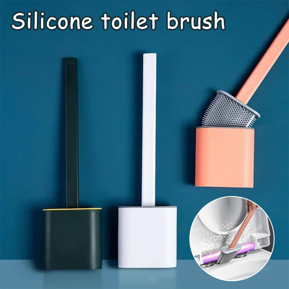 Flexible Toilet Brush Cleaner Long Handle Hanging Silicone 360 Degree No-Dead-Corner Flexible Cleaner Brush Holder Set Bathroom