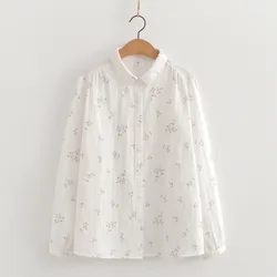 100% Cotton Yarn Shirts Women Turn-down Collar Loose Tops Girl Long Sleeve Print Blouses 2024 Autumn Women Clothing