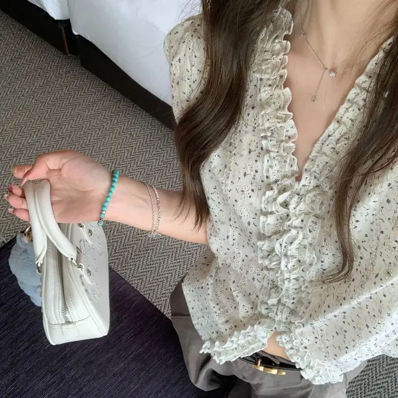 

Korean V-Neck Broken Flowers Printed Shirts Female Clothing Casual Summer Single-breasted Slim Fashion Hollow Out Folds Blouse
