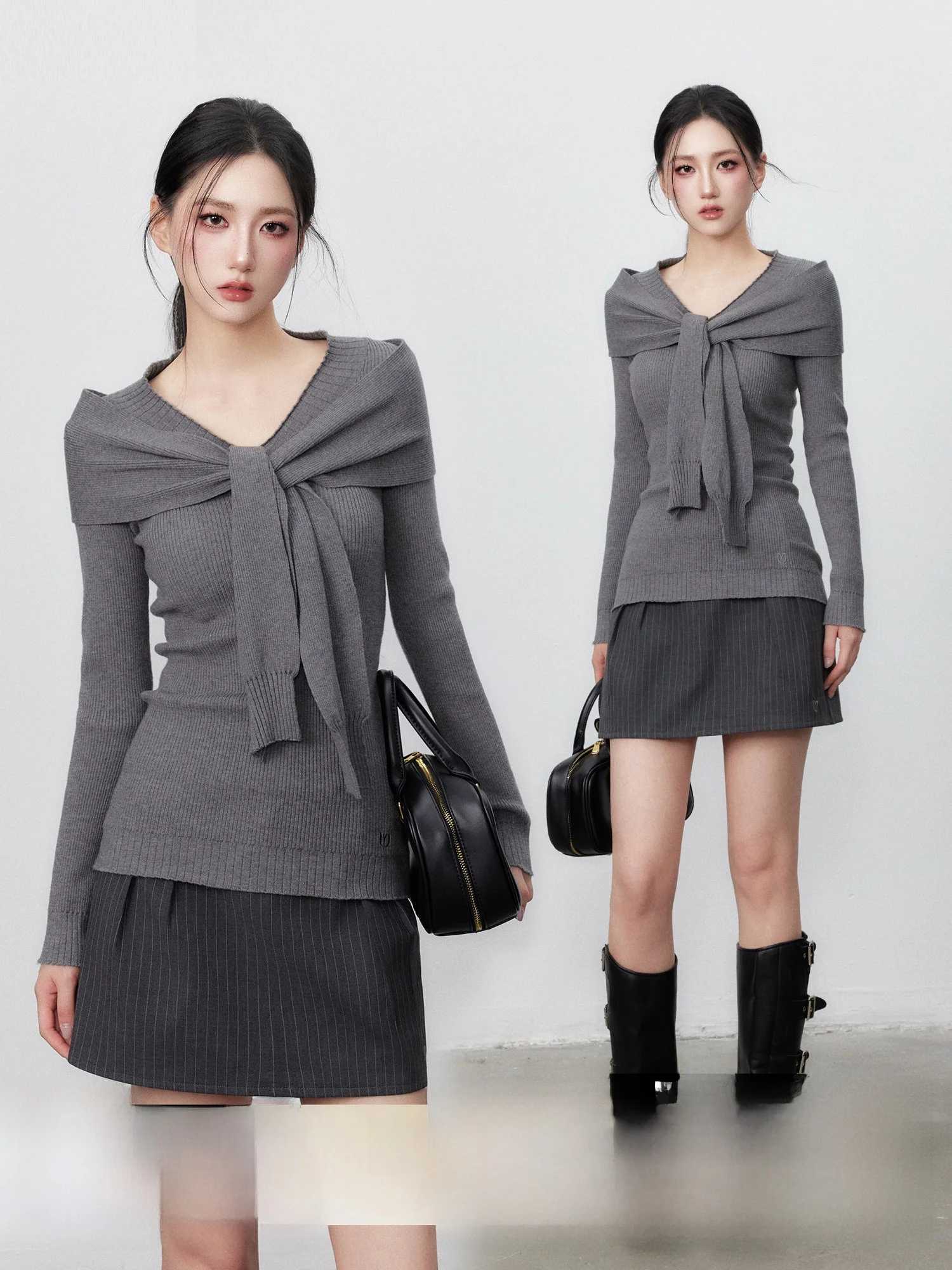 

Yuzhi ey Knitted Sweater with awl Design Slimming Long Sve V-Ne Fake Two-Piece Top Korean Sle Polyester Fiber