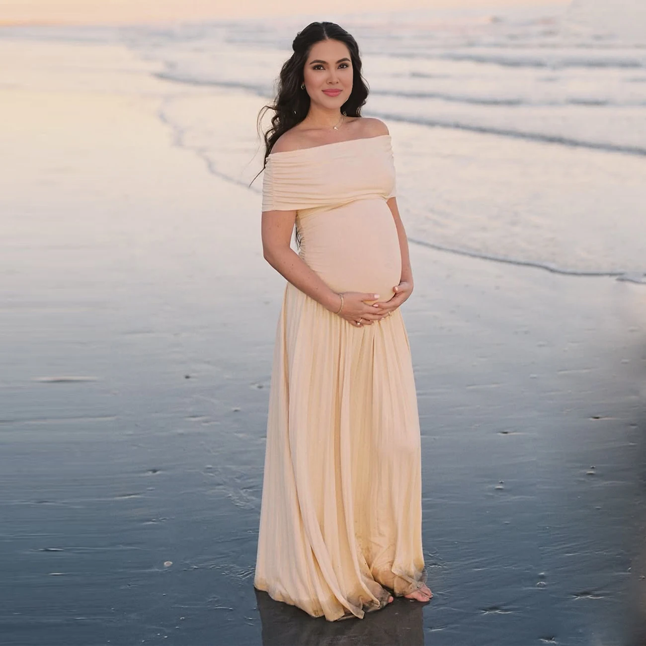 Maternity Off-Shoulder Bodycon  Backless Summer Long Dress Pleated  Maxi Gown for Baby Shower Photoshoot