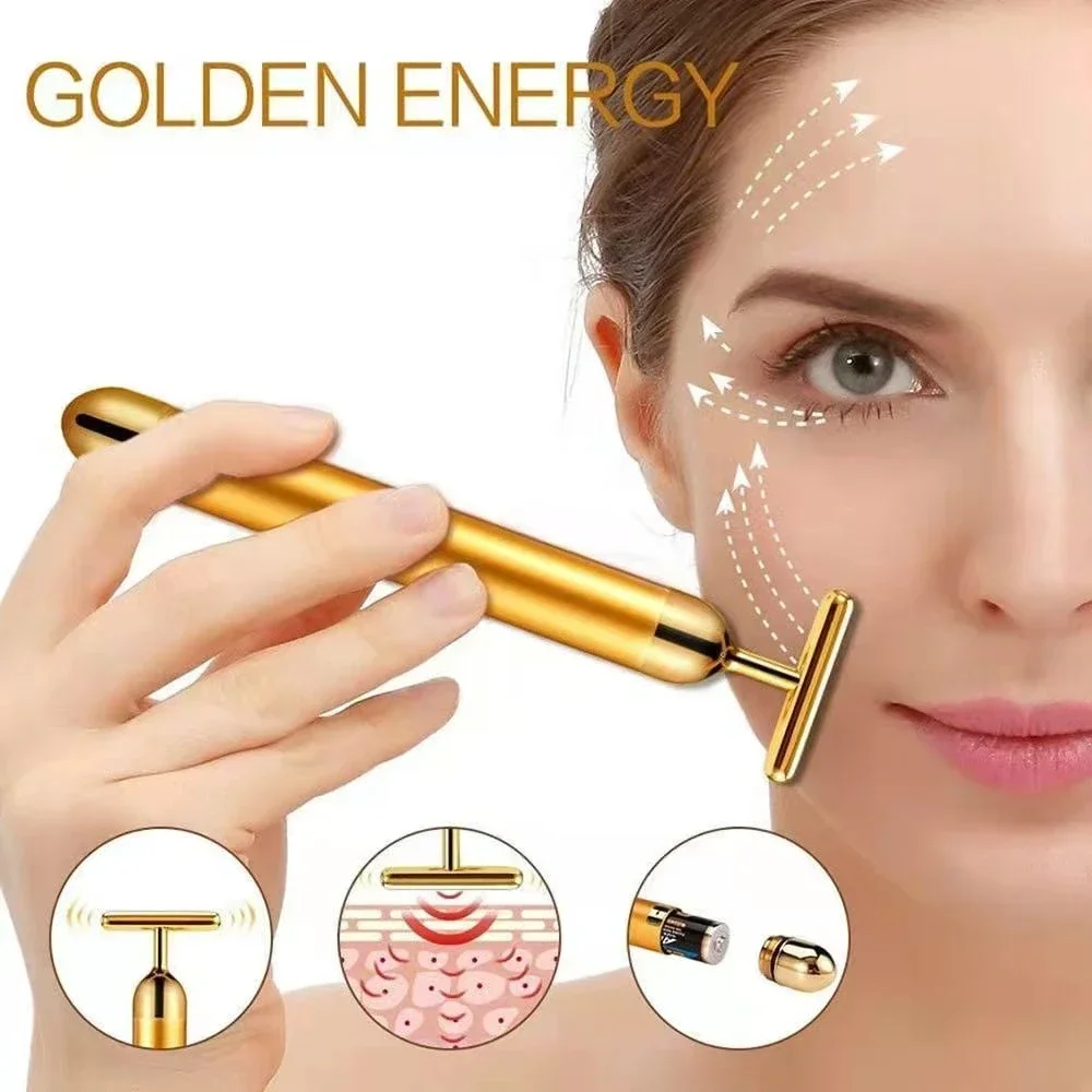 Energy 24K Gold T Beauty Bar Facial Roller Massager T-Shape Energy Beauty Bar Pulse Firming Face Massage Lift Tool