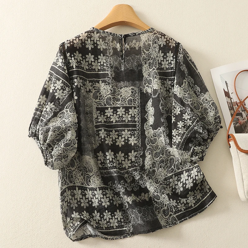 القطن قميص كتان المرأة 2025 صيف جديد جولة الرقبة نصف كم ريترو مطبوعة فضفاضة بلايز عادية بلوزة بوهو