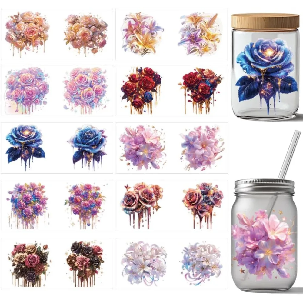 

10 Pcs Rose Flower UV DTF Cup Wrap Transfer Sticker 10 Styles Dreamy Lily Plant Transfer Paper Rub on Stickers PVC Cup Wrap