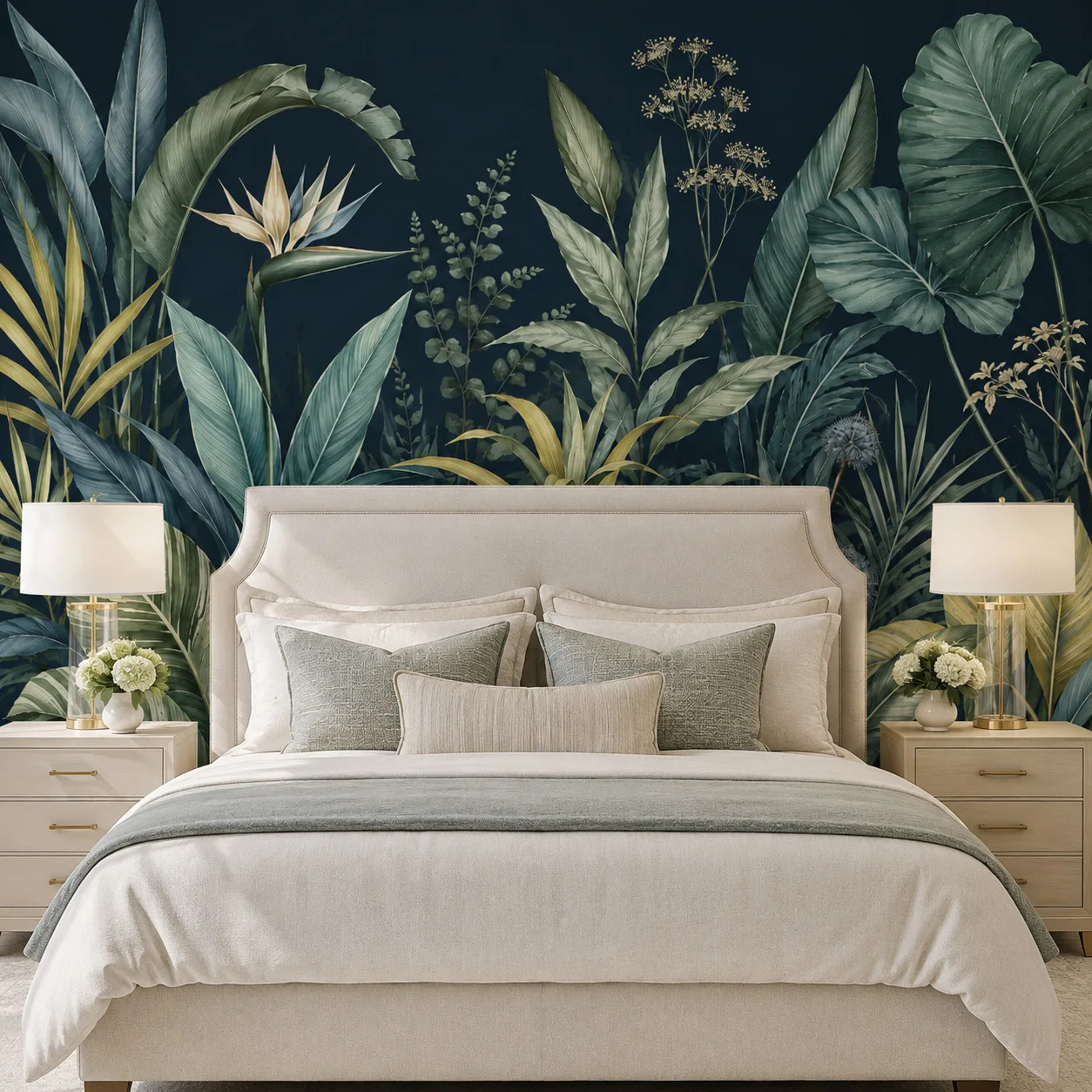Tropical Botanical Self Adhesive Wallpaper Dark Green Jungle Leaf Wall Mural Peel and Stick Living Room Bedroom Home Decor Style