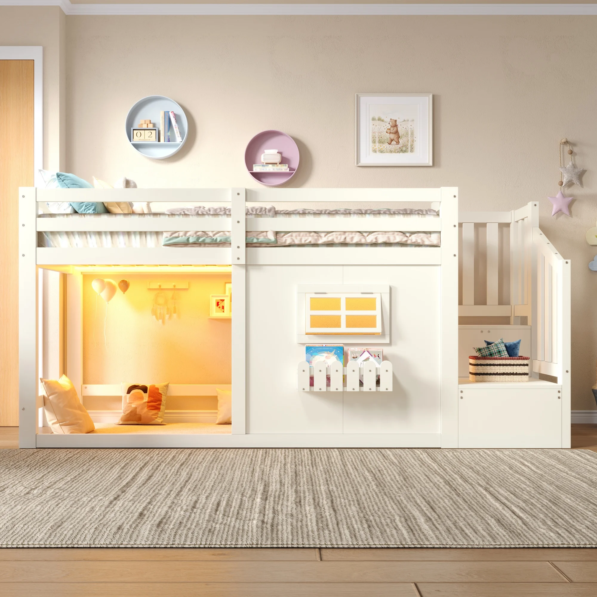Letto a castello per bambini 90x200 cm (parte superiore) bianco, con scala, armadio e cassetti, senza materasso, scala con vano portaoggetti, barra luminosa a LED, senza materasso, bianco