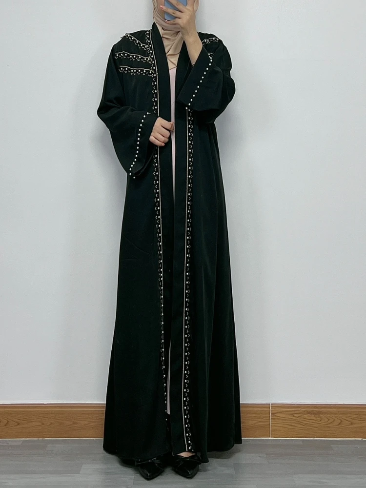 Women Eid Muslim Abaya Ramadan Morocco Dubai Cardigan Pearls Abayas Kaftan Vestidos Arab Modest Long Robe Beading Loose Belt