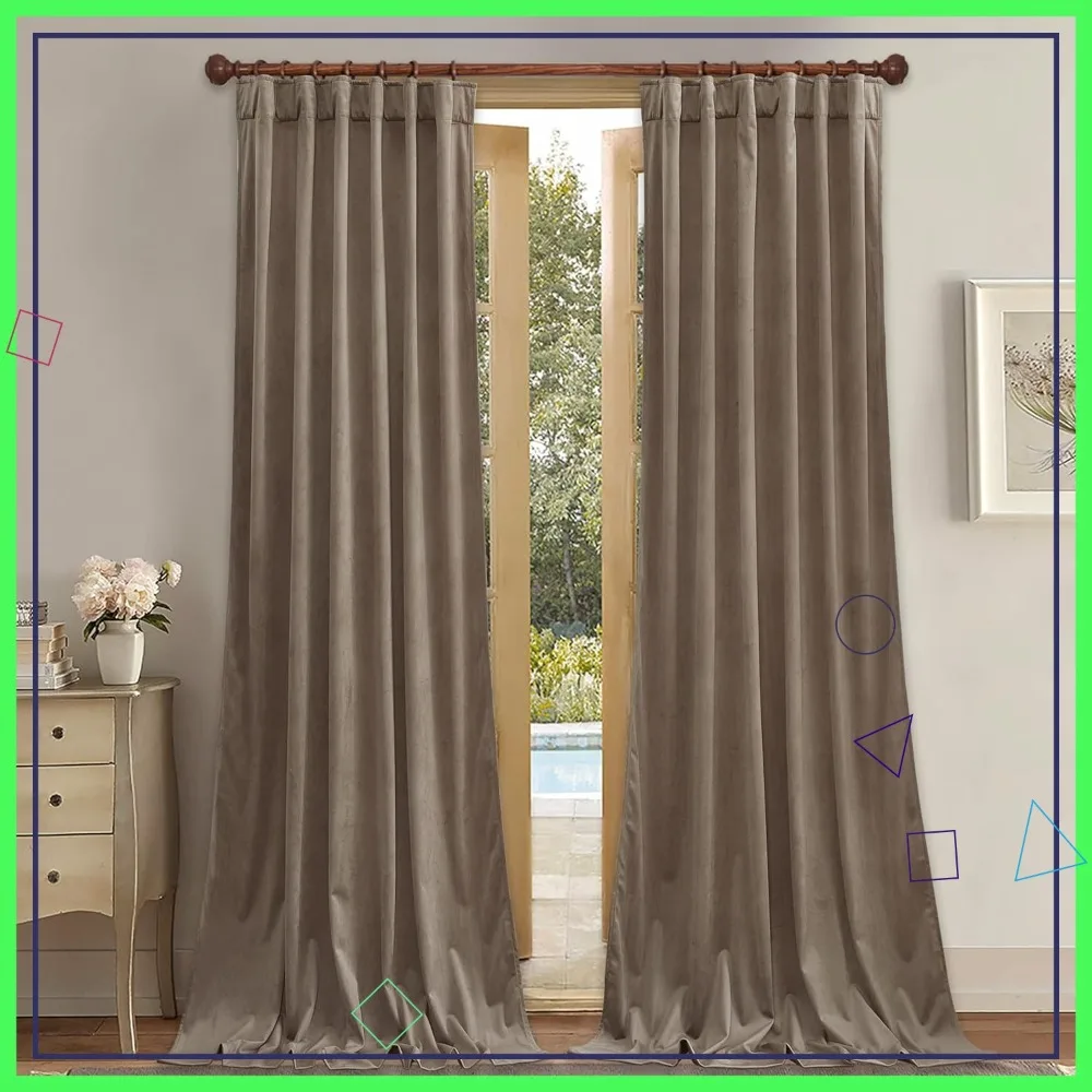 

Taupe Velvet Curtains 96 Inches Long, Blackout Thermal Insulated Window Drapes for Sliding Glass Door, 2 Panels, W52 x L96