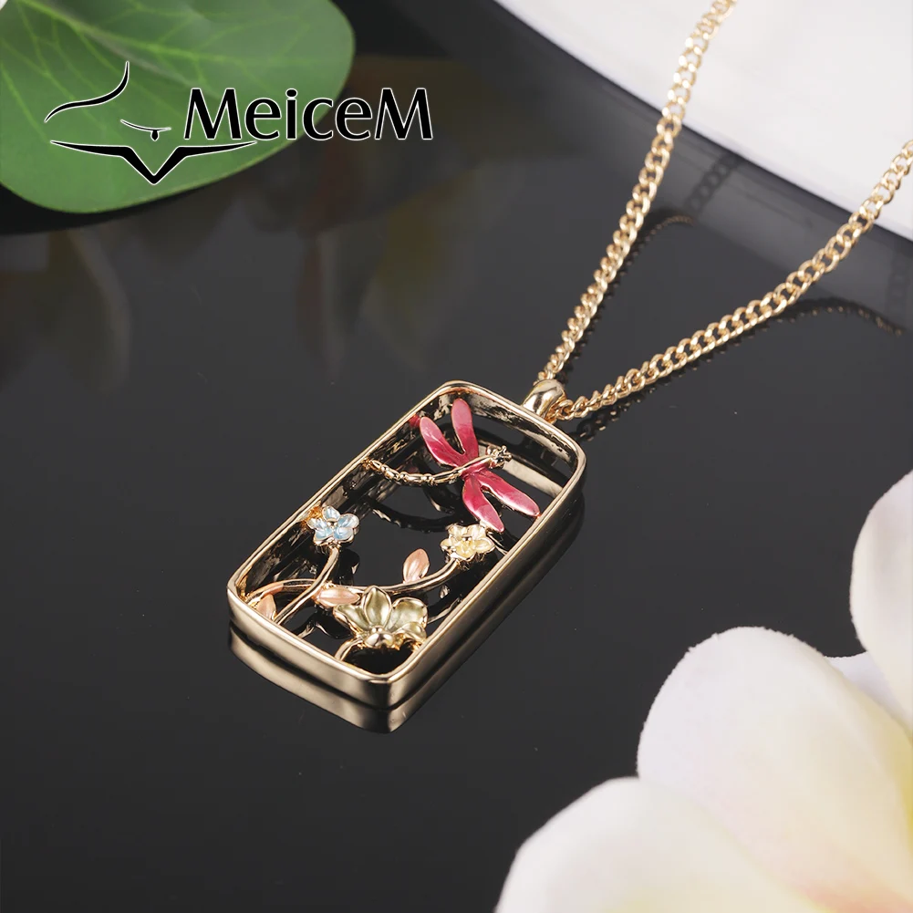 MeiceM Trend Gold Plated Lotus Flower Shape Alloy Pendant Necklace Hollow Out Square Dragonfly Necklaces For Women Birthday Gift