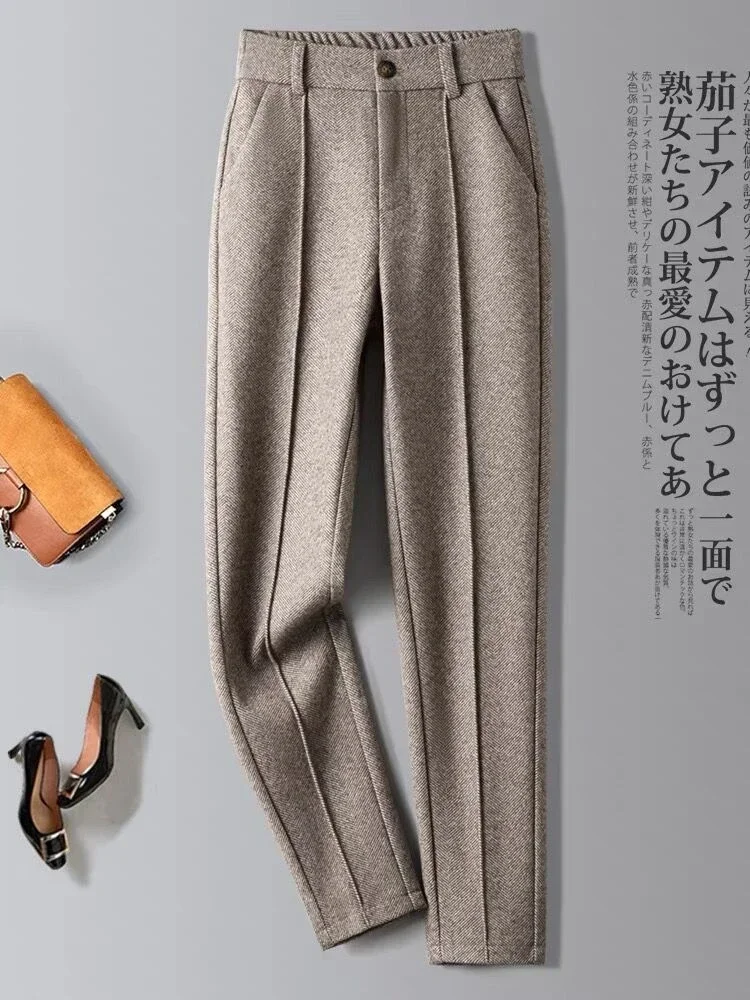 Apricot Woolen Fabric Casual Pants Women Autumn Fashion Thickening Warm Herringbone Harem Pants Elastic High Waist Loose Pants