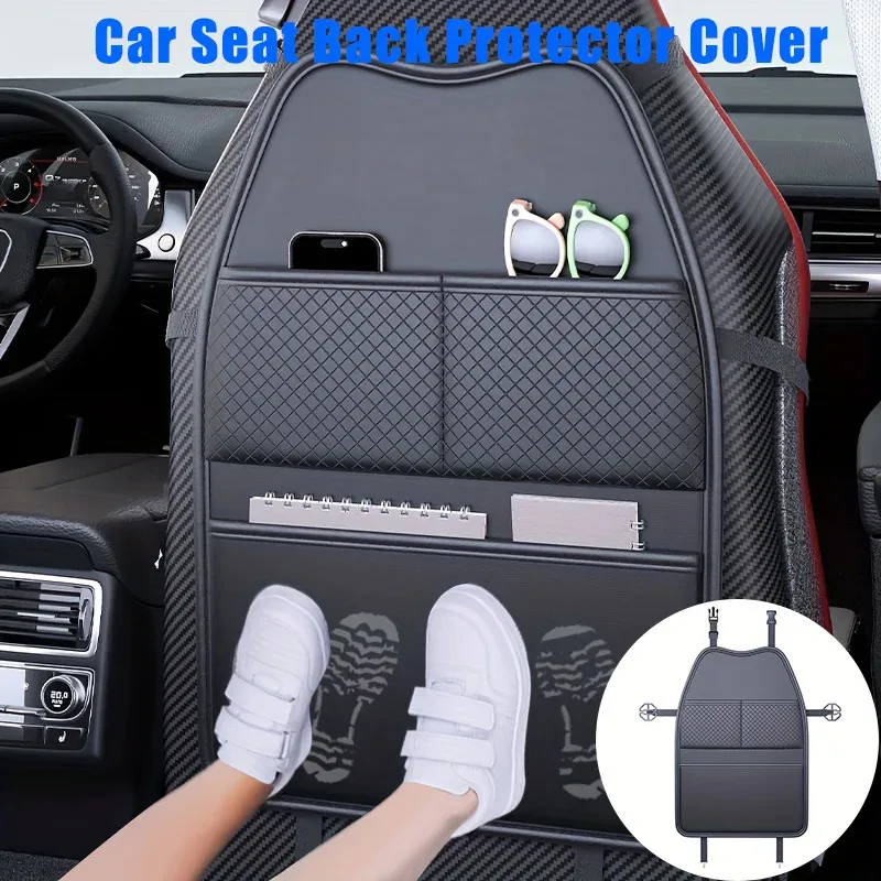Car Seat Kick Proof Pad with Pockets PU Leather Auto Seat Back Protection Cover Multi-functional Tablet Holder for Kids