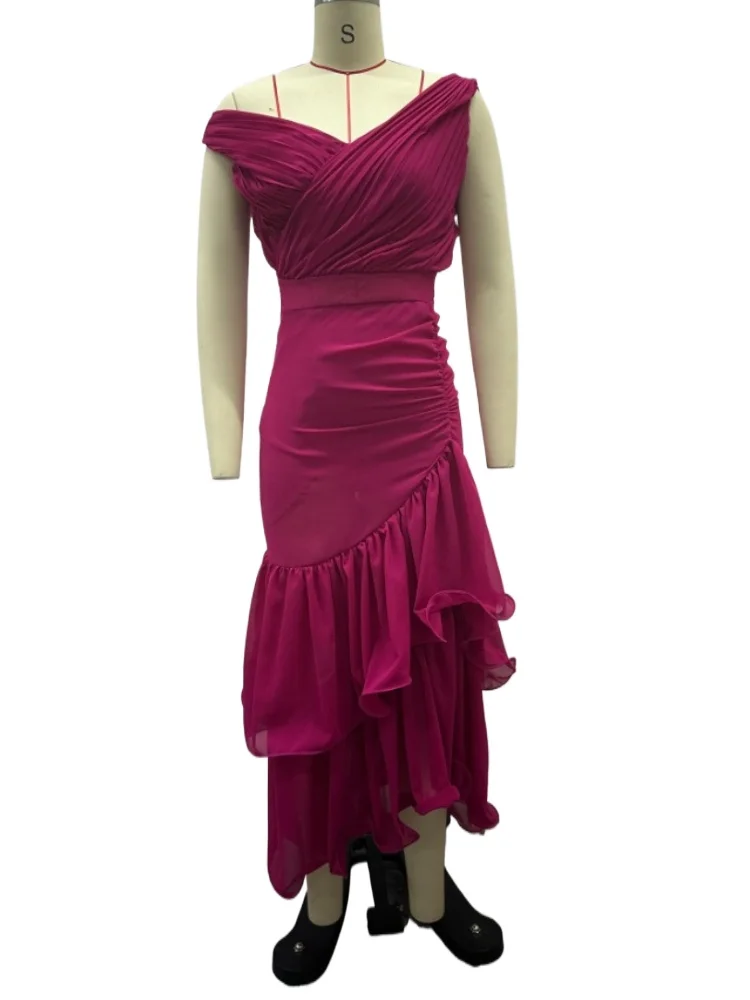 

Solid Color V-neck Off Shoulder Ruffles Ruched Dress Rose Red
