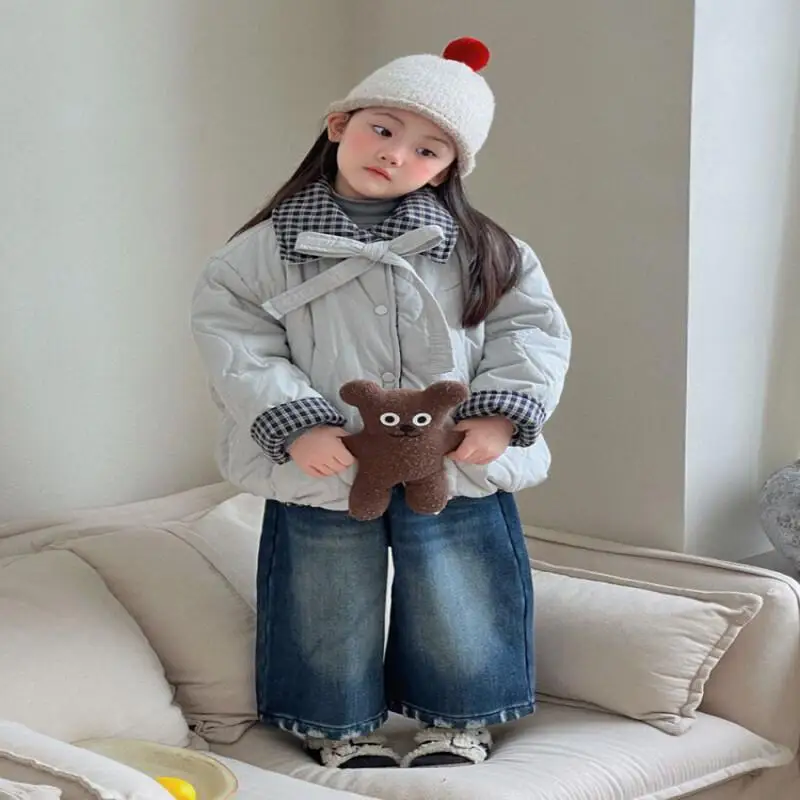 Hot Fashion Children's Clothing Jacket Girls' Cotton New Style Stylish Double-Sided Cotton Flannel Jeans Two-Piece Set Trendy