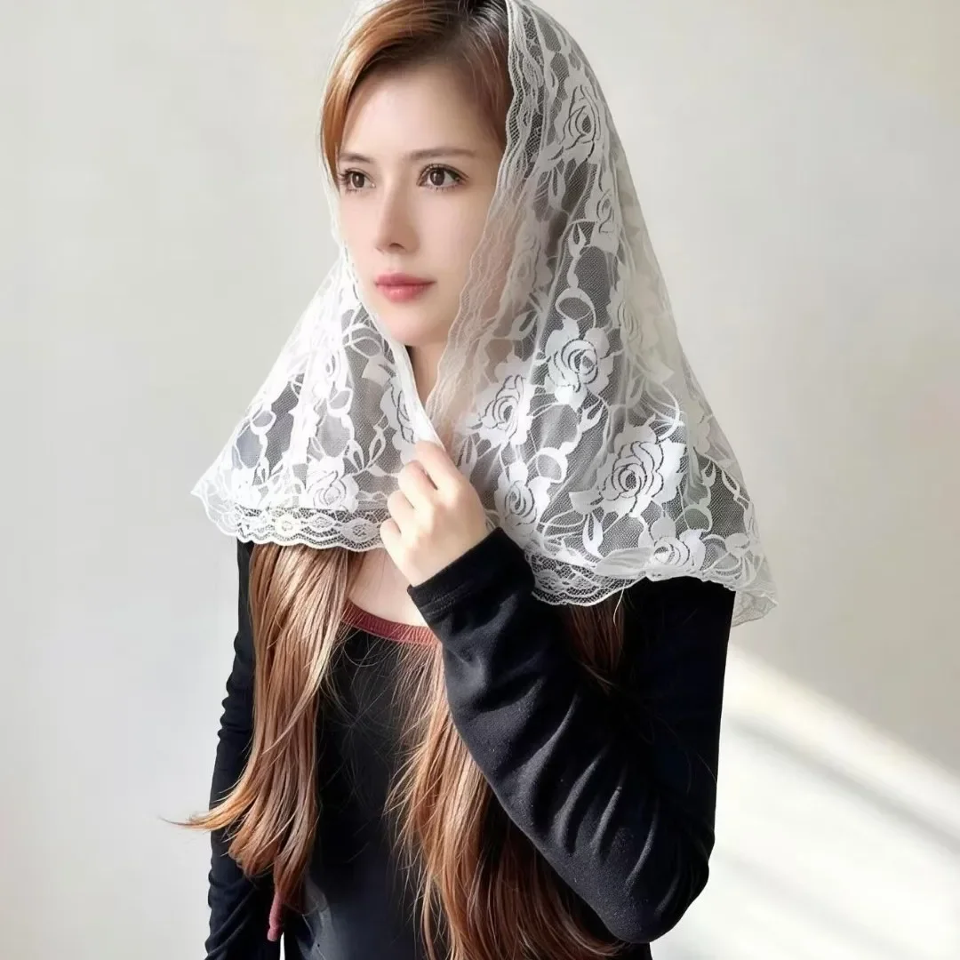 

Estilo fino de la novia chal de encaje velo tocado negro marfil protector solar pañuelo de seda chal hijab