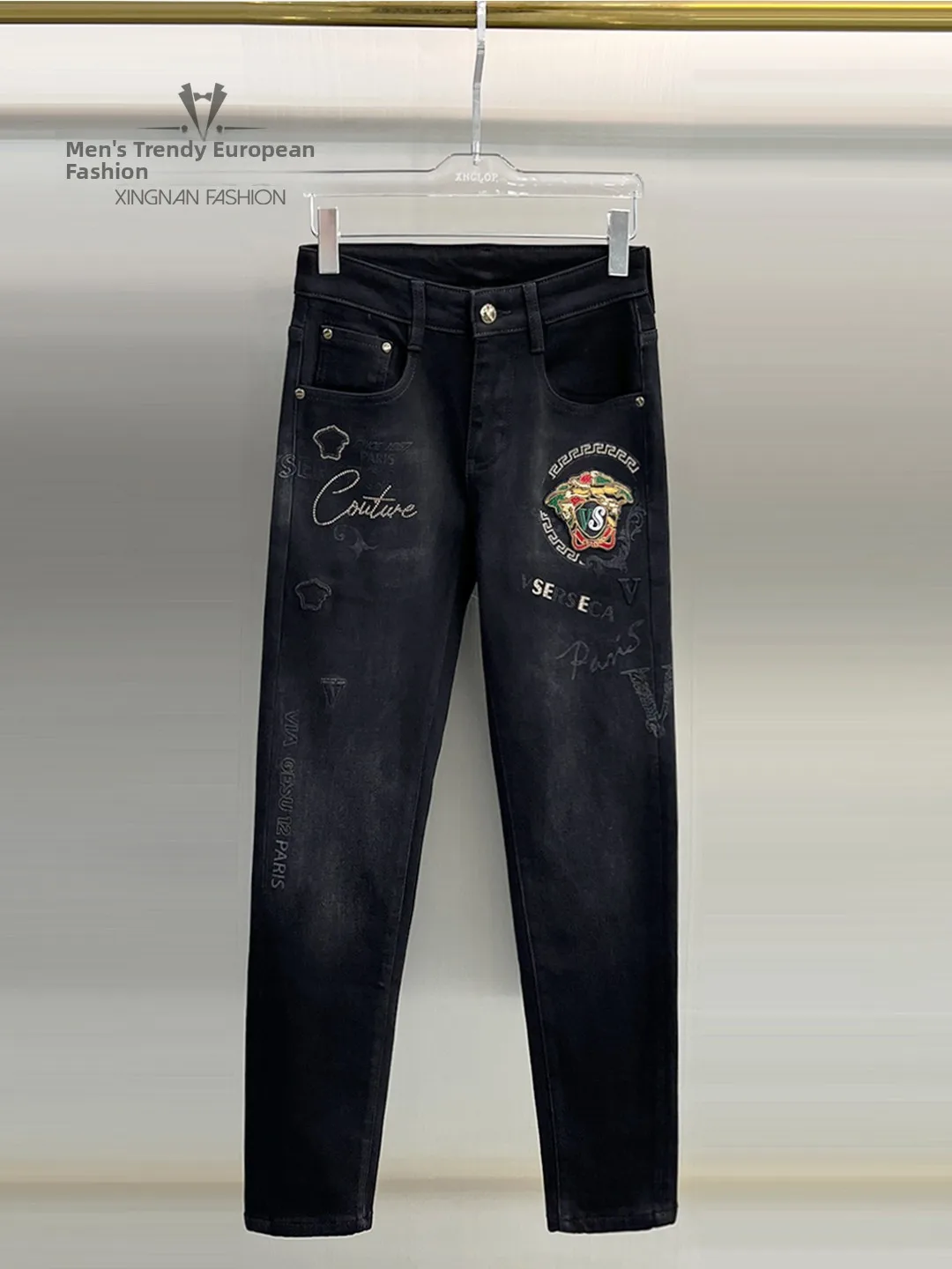 

Men's Fce Lined Slim Fit Jeans Winter Embroidered Rhinestone Printed Luxury Crtsmanip Straight Leg Long Trousers