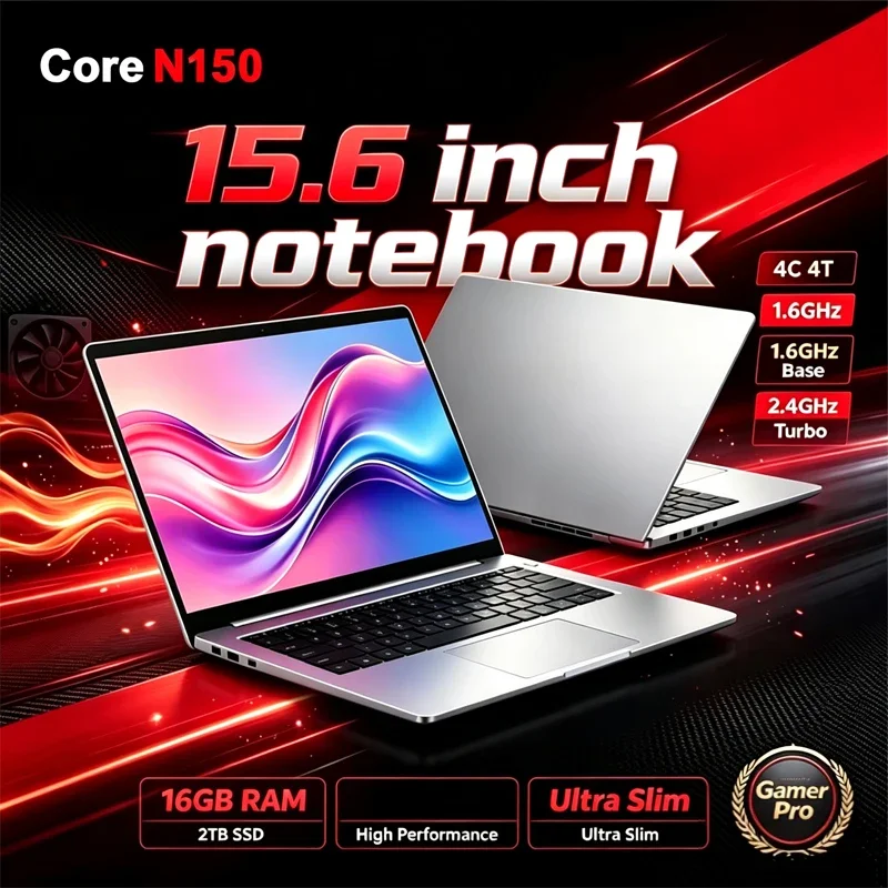 15.6 Inch Full HD IPS Laptop 120Hz Screen Intel Core N150 32GB RAM 2TB SSD Backlit Keyboard Long Battery Life Windows 11