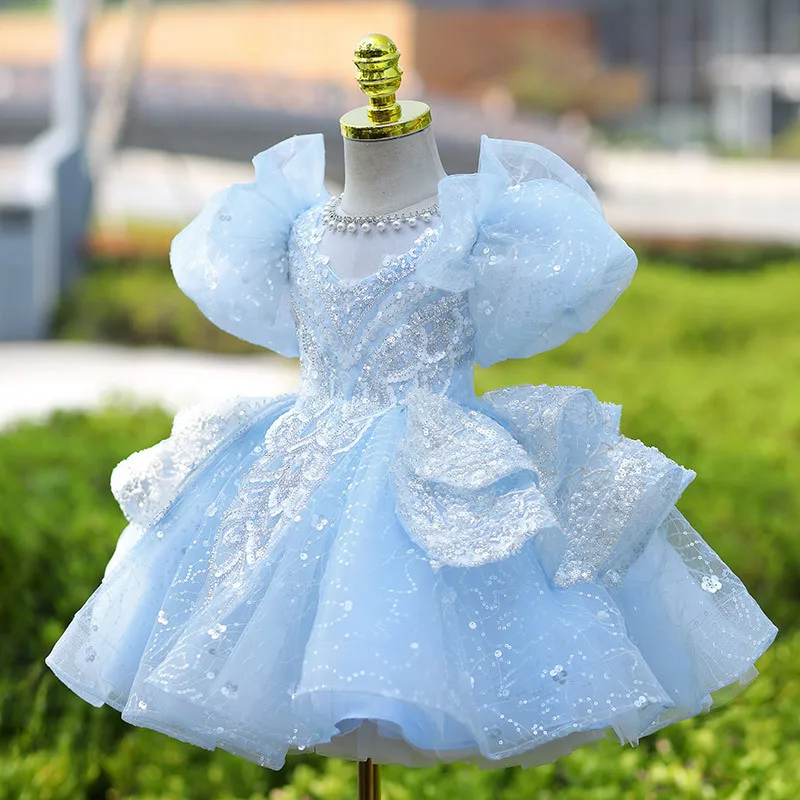 Light Luxury Blue Kids' Dress, Spring & Summer Long Sleeve, Girls' Host & Piano Performance Evening Gown