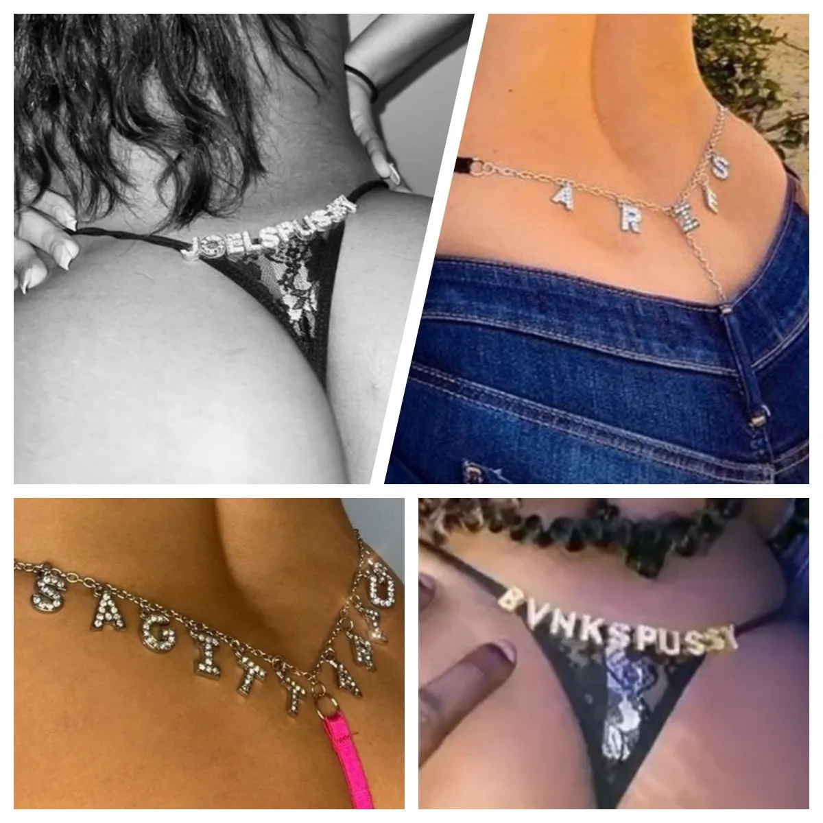 2PCS/set Mesh Lace Thong Panties With Customize Crystal Letters DIY Name Waist Chain Bikini Underwear Body Jewelry Couple Gifts