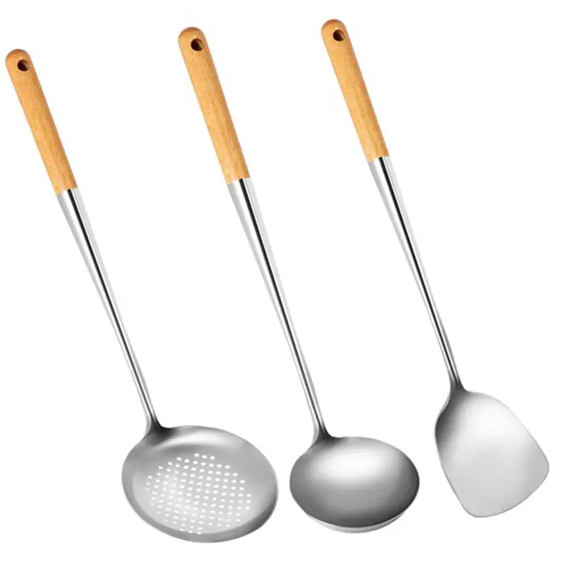 MALL Soup Ladle, 17Inches Spatula for Wok, Stainless Steel Spoons Cooking with Heat- Wooden Handle