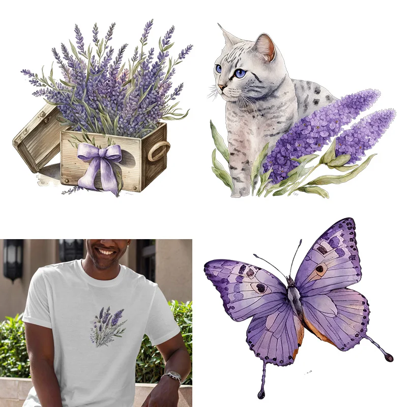 lavender cat Flower Butterfly DTFHeat Transfer iron on transfer for clothing Iron On Patches Thermal for Clothing.