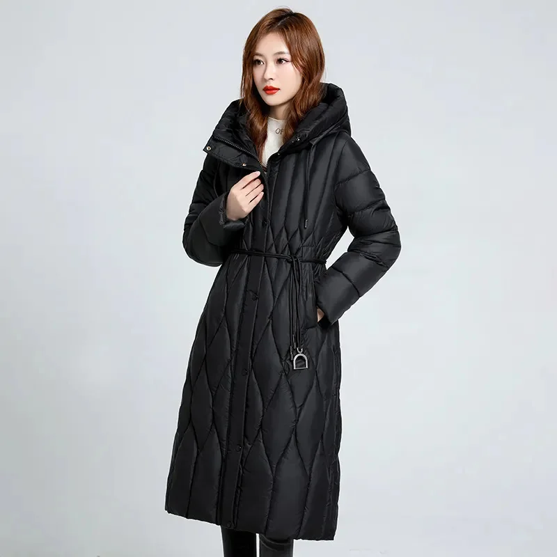 Oversized 7XL Black Down cotton Jacket Women\'s Warm Parka 2024 Winter New Slim Thicken Hooded Coat Female Long Snow Parkas