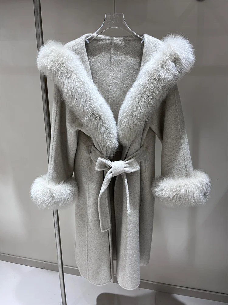 

Зимняя женская куртка с воротником из натурального лисьего меха и манжетами, толстая теплая верхняя одежда, длинное шерстяное пальто с капюшоном, свободный пояс, уличная куртка