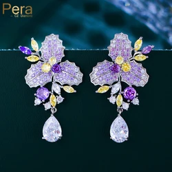 Pera Elegant Purple Yellow Cubic Zirconia Long Leaf Flower Dangle Earrings Evening Party Wedding Jewelry Gift for Women E0023