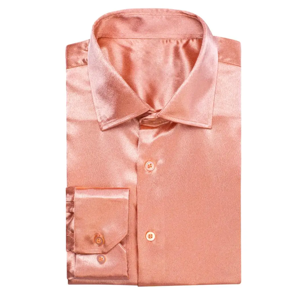 Hi-Tie Mens Shirts Windsor Salmon Pink Silk Satin Collar Long Sleeve Solid Social Dress Suit Shirt for Male Wedding Business XXL