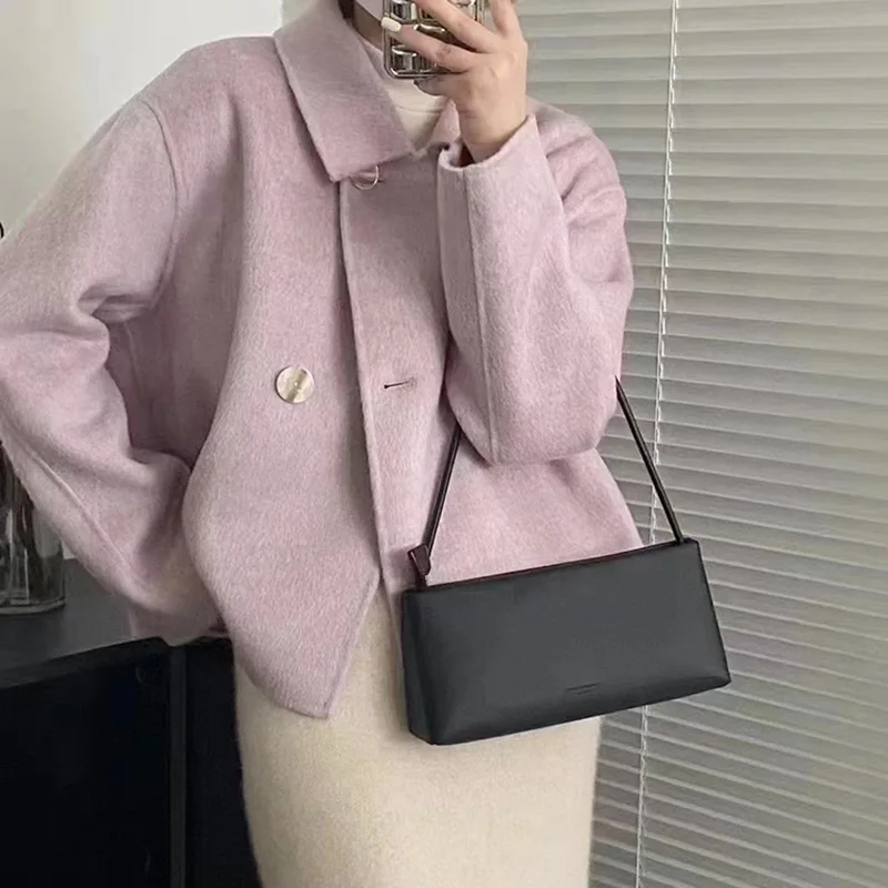 

Solid Simple Single-breasted Spring Short Women Double-sided Wool Coat Versatile Casual Lapel Neck Long Sleeve Temperament Top