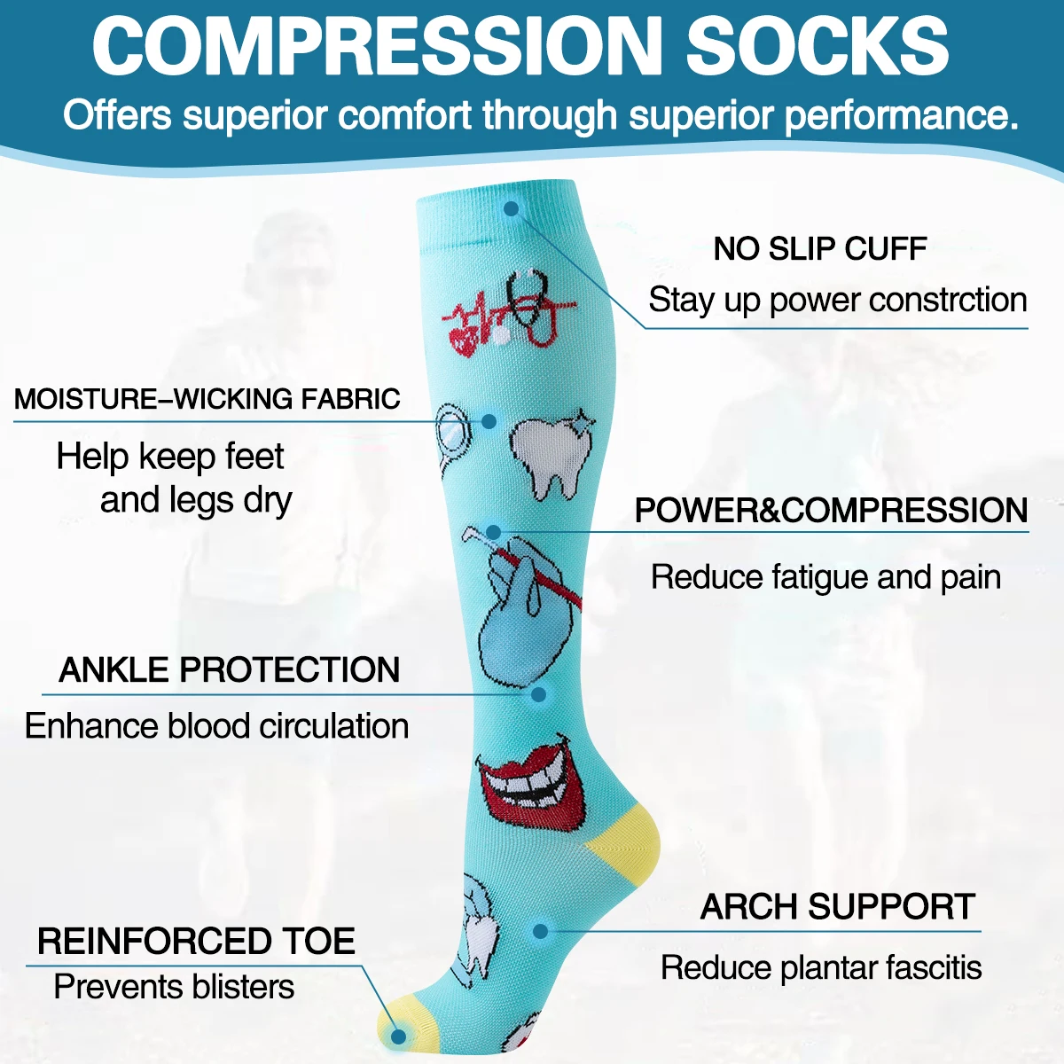 6 ペア卒業循環アスレチックナース圧縮ソックス女性男性かわいいハート柄通気性ニーハイソックス女性 Spo