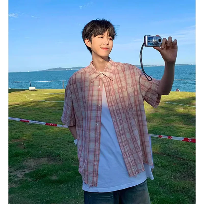 

American Retro Plaid ort Sve irt Men Summer Youth Sle Thin Outerwear Vintage Sun Protection irt Loose Fit Trendy