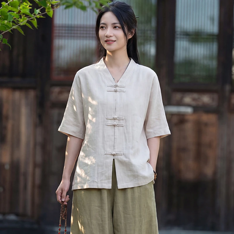 

Chinese Style Women Casual Linen Shirt New Arrival 2026 Summer Vintage V-neck Solid Color Female Short Sleeve Tops Shirts M2391