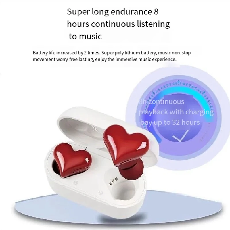 Amor fone de ouvido bluetooth à prova dwaterproof água fácil emparelhamento contínuo portátil in-ear com cancelamento de ruído fone de ouvido coração, rosa fácil de usar