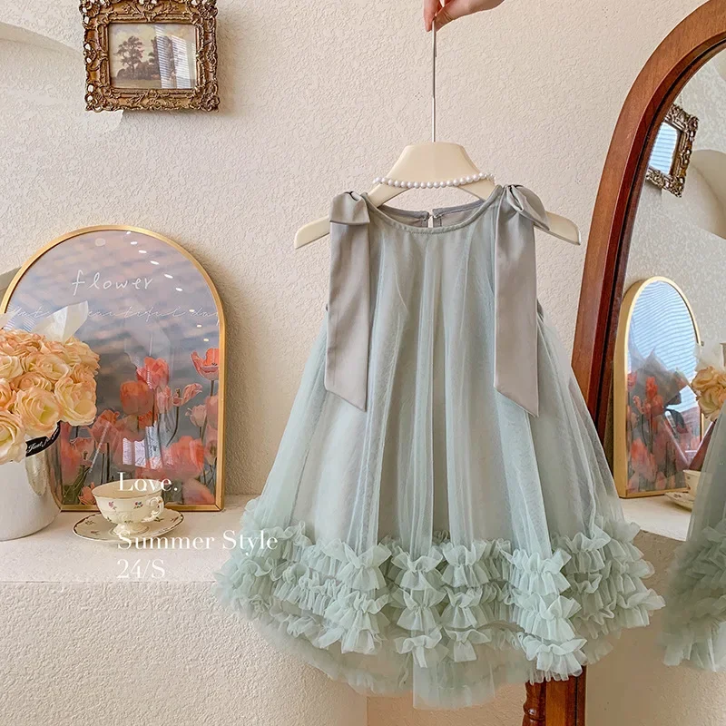 2025 Summer Korean Edition Girls New Sleeveless Bow Solid Color Sweet and Gentle Princess Dress Childrens Trend