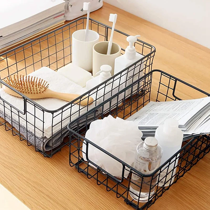 2Pcs Wire Storage Baskets With Handles, Metal Organizer Basket Bins For Home, Office, Nursery, Laundry Shelves Organizer