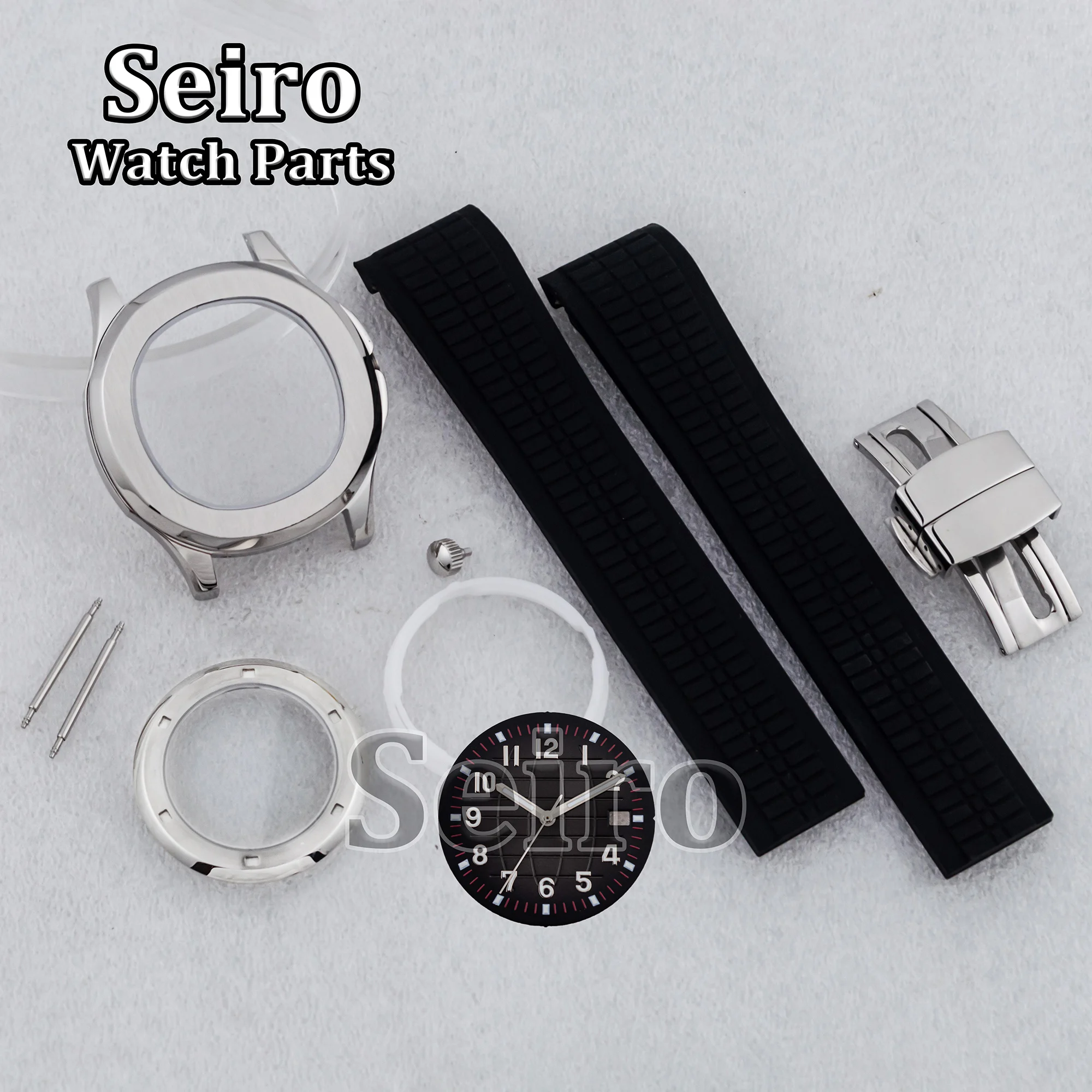 42MM Stainless Steel Silver Watch Case Rubber Strap Sapphire Glass Luminous Dial Hands for AQUANAUT Nautilus NH35 NH36 Movement