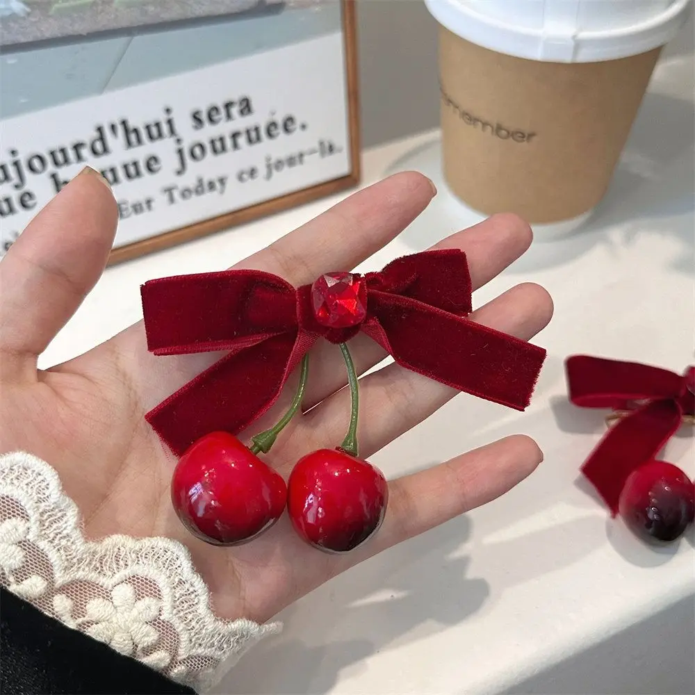 Retro Red Velvet Cherry Hairpin Bowknot Side Clip Velvet Bow Hair Clip Korean Style Headwear Barrettes Student